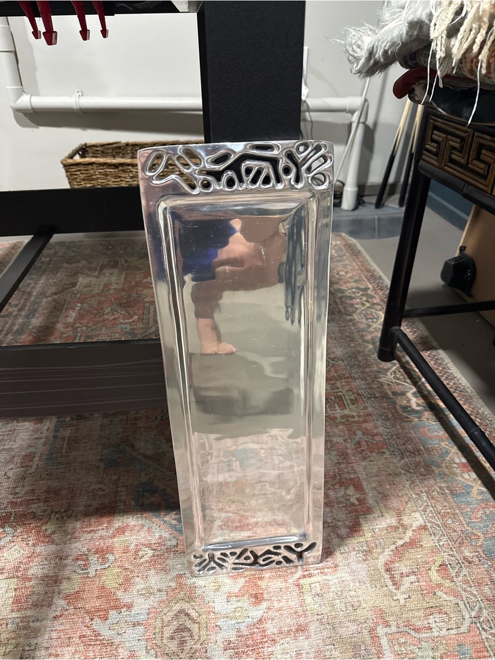 Holland Boone Polished Pewter Rectangular Decorative Tray with Openwork Ends